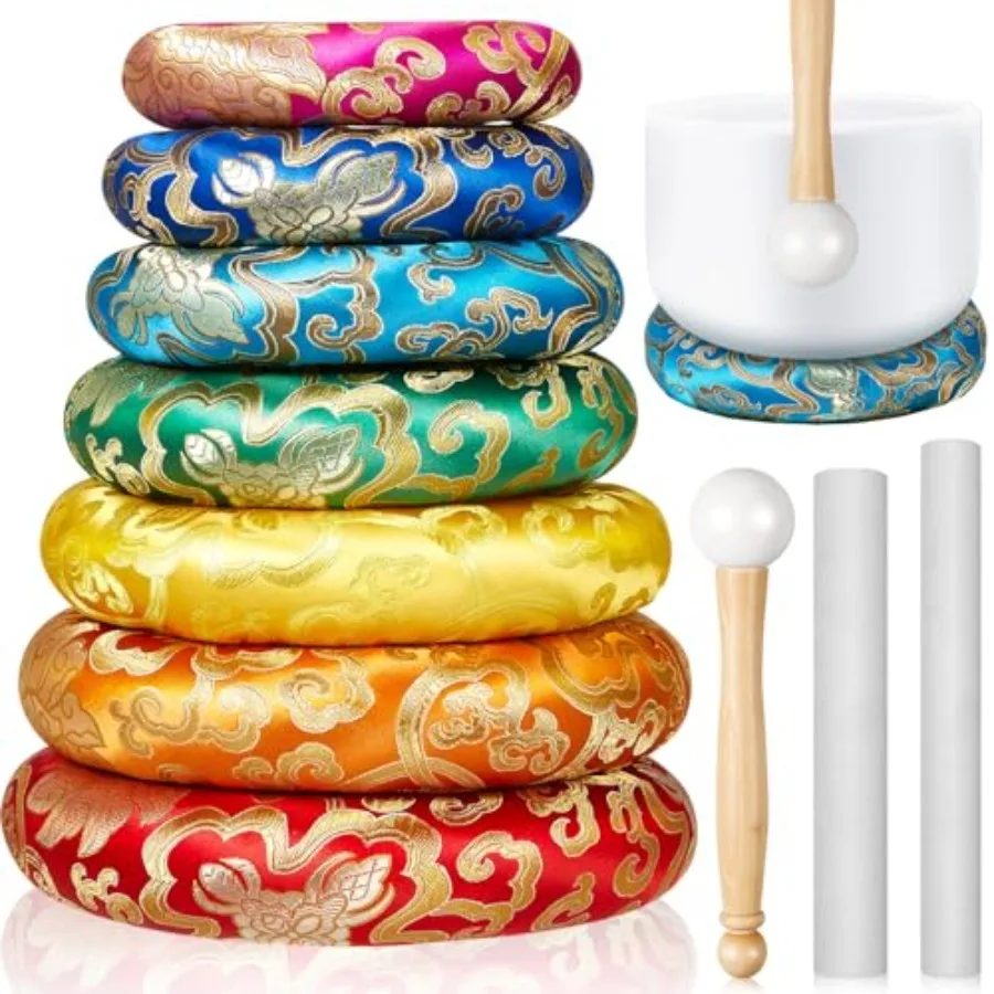 

10 Pcs Singing Bowl Cushion Set 7 Silk Cloth O Ring with 3 Crystal Singing Bowl Mallet Include Solid and Hollow Stick Wood Hand