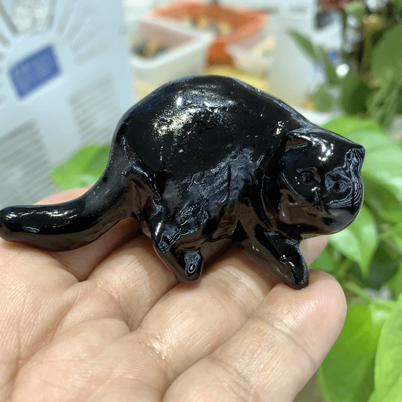 Natural Black Obsidian Cartoon Cat Carving, Quartz Healing Crystal Stone, Cute Birthday Present, Home Decoration, 1Pc