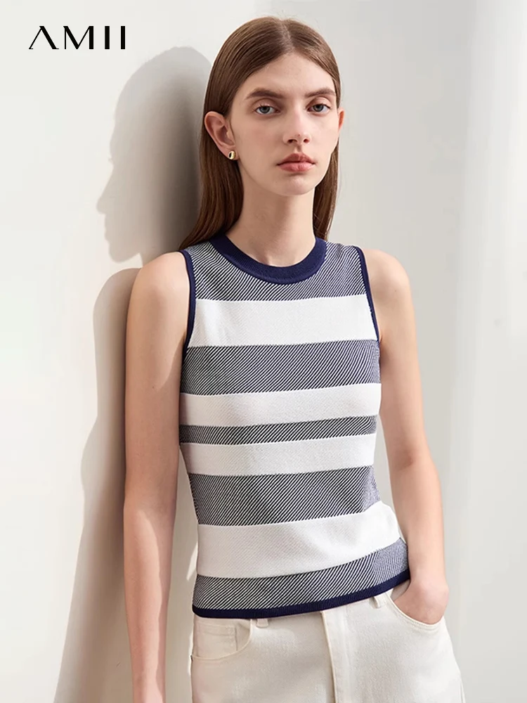 Amii Minimalism 2024 Summer New Striped Camisole For Women Ribbed Knit Slim O-Neck Contrast Stitching Tanks & Camis 12422159