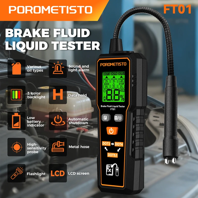 FT01 Brake Fluid Tester DOT3/DOT4/DOT5.1 Car Brake Oil Moisture Detector Backlight Flexible Probe 1.4
