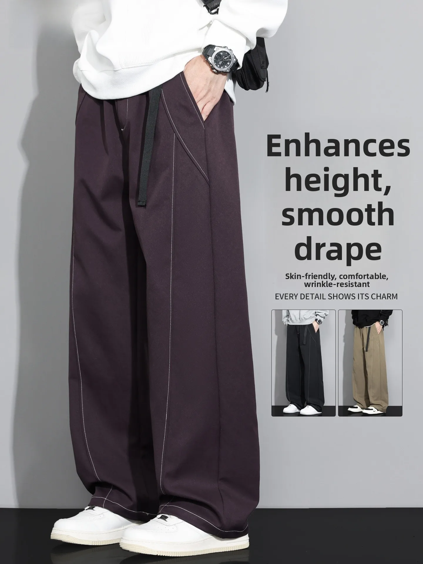 

Deep Purple Men's Casual Pants Spring Autumn Loose Straight Leg plus Size Anti-Wrinkle Wide Leg Trousers Fashionable Youth Style