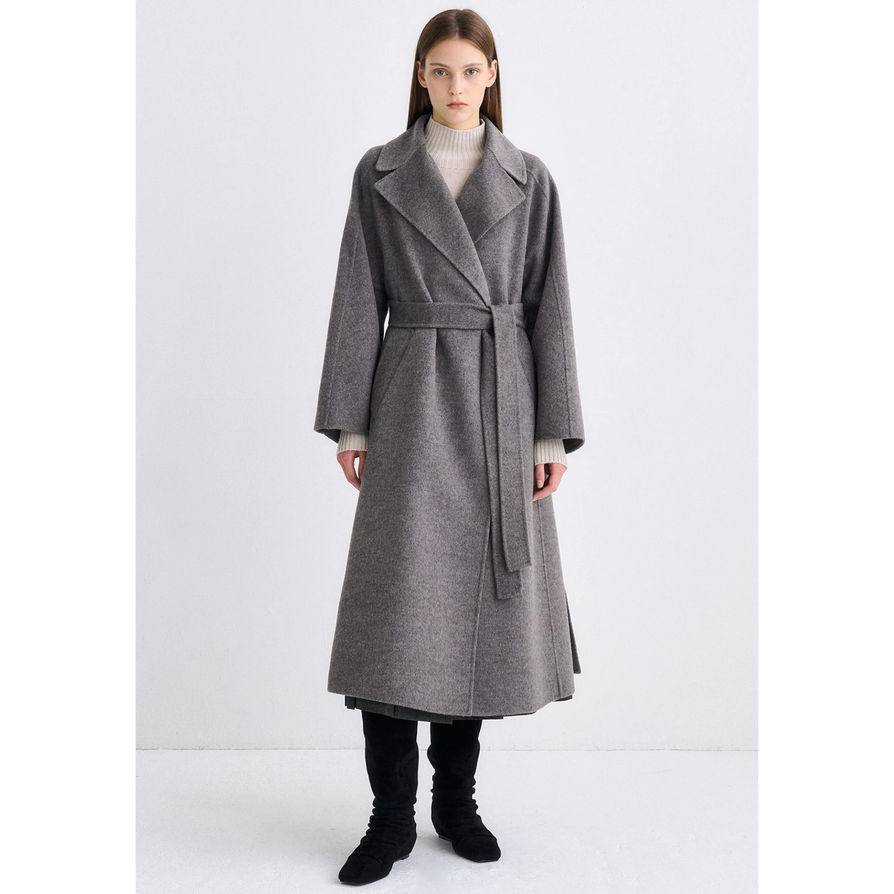 

TIM25 Winter Lemon Cheese Hand-Sewn Woolen Coat with Tie Collar Commute Sle Slimming Long Sve Mid-Length Pure Color