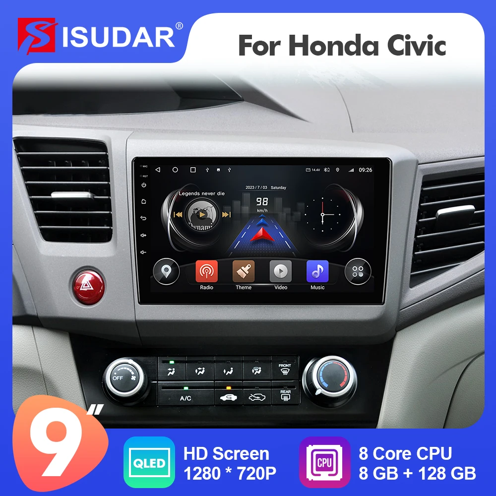 9 Inch Isudar Android 12  Car Radio For Honda Civic 2012-2015 Carplay Auto Stereo GPS No 2din