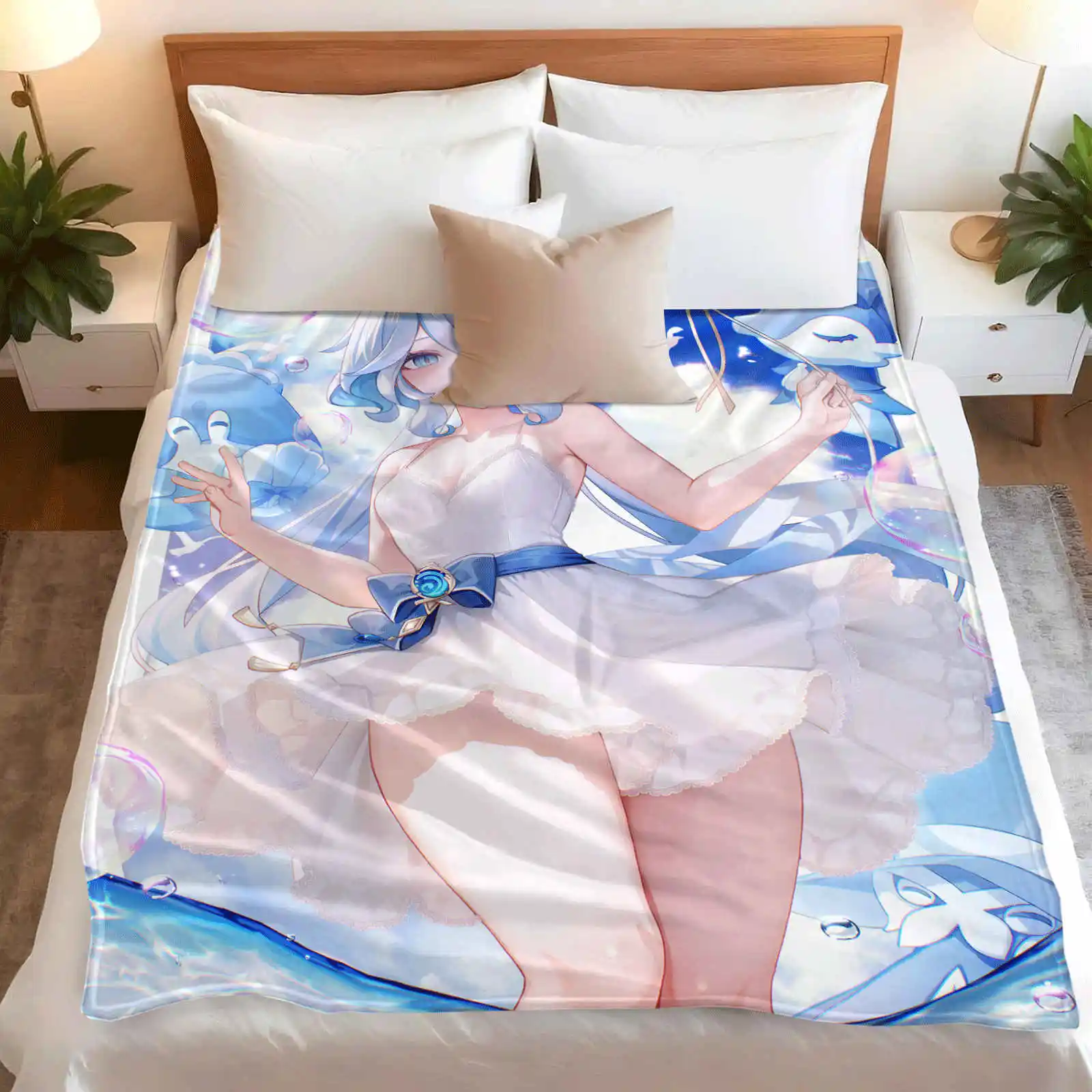 Genshin Impact Furina Flannel Throw Blanket Soft Plush Warm Comfort for Sofa Bedroom Travel Gift Home Textiles