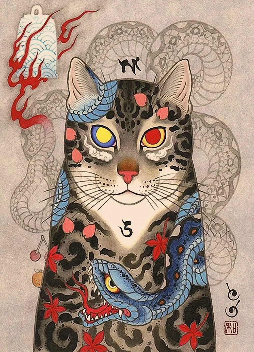 Samurai Cat Ukiyo-e Art Works Retro Tattoo Poster Wallpaper  Vintage Matte kraft Paper Print Painting Wall Sticker Home Decor 5