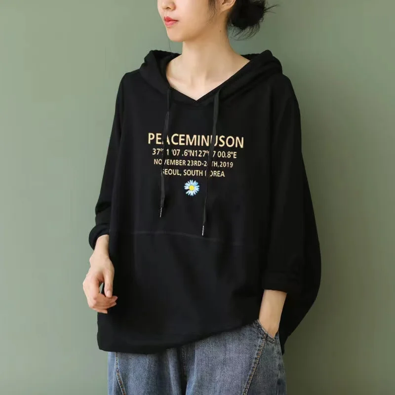 

Худи из чистого хлопка женское, свободного кроя, с длинными рукавами, осеннее, без бирки бренда, комфортное, дышащее, в уличном стиле, с принтованным дизайном