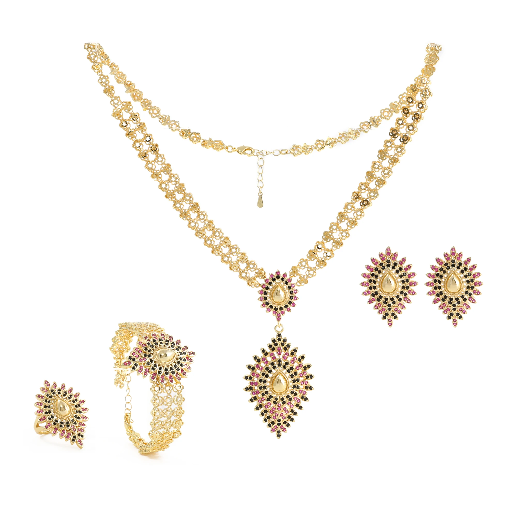 New gold-plated 4-piece set necklace earrings bracelet ring Libyan bride, Dubai bride luxury romantic high-end set