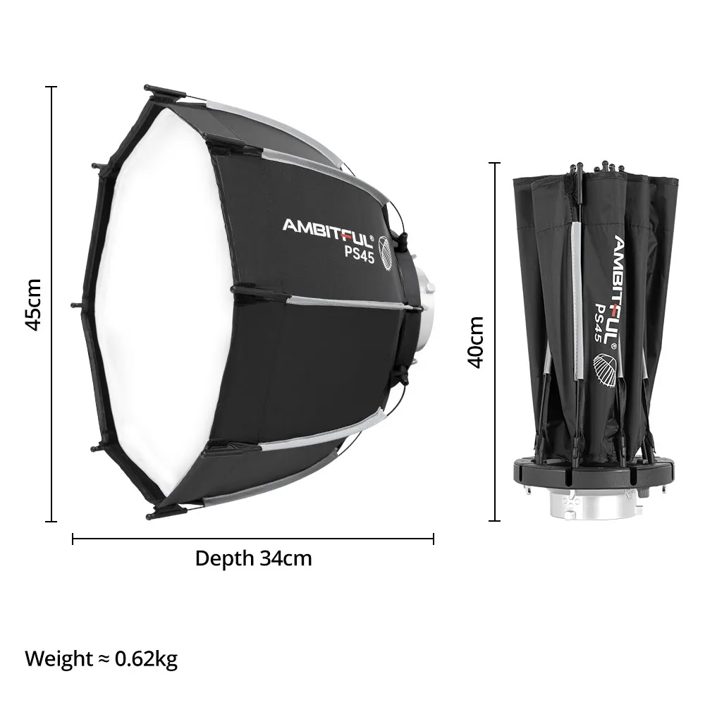 AMBITFUL PS45 SE 45 cm mini Softbox ottagonale con montaggio Bowens a sgancio rapido + SoftBox esterno con griglia a nido d'ape per flash LED SL60II