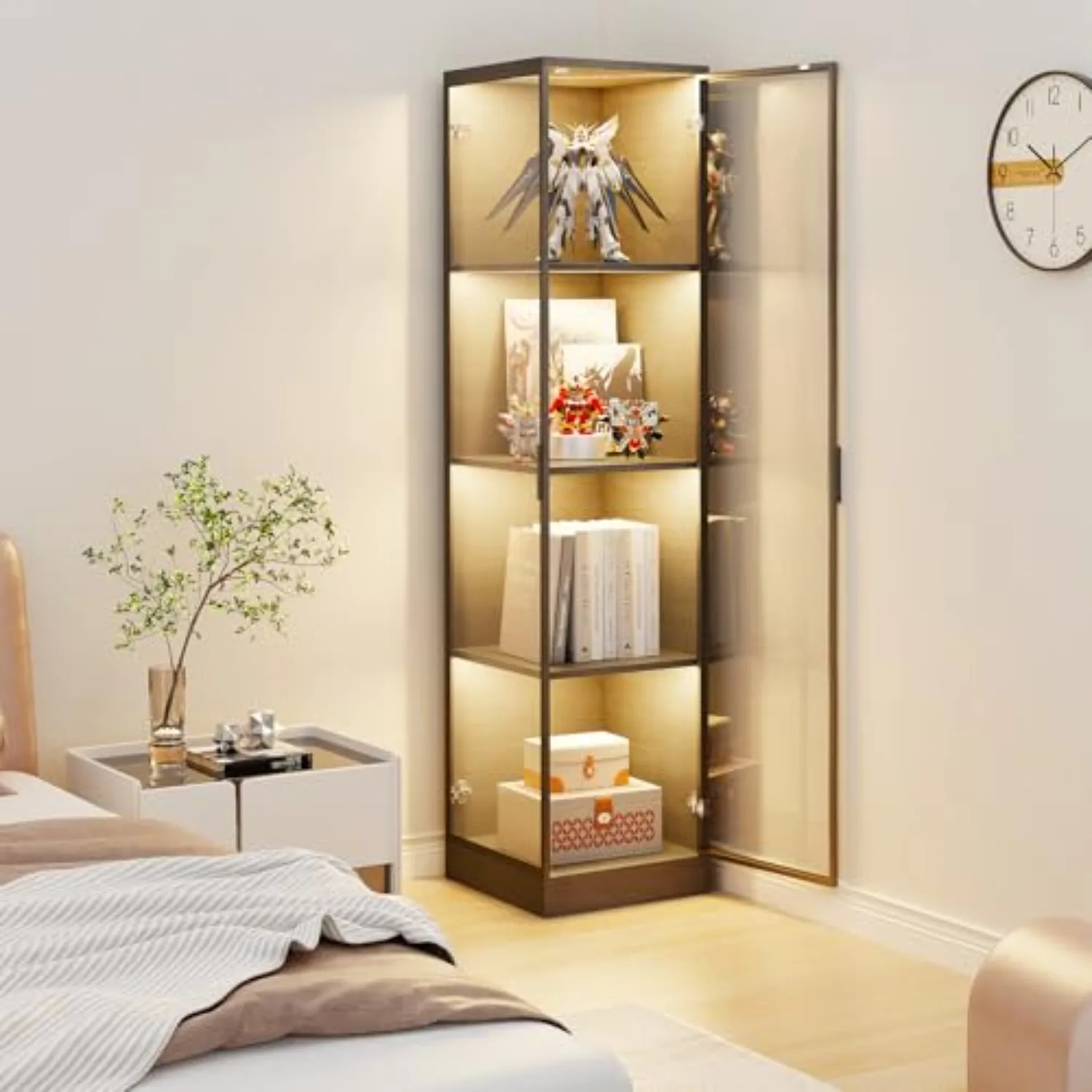 Corner Display Cabinet with Doors, 4-Tier, 3 Color Light, Black | Curio Cabinet, Display Case for Collectibles, Storage view 5