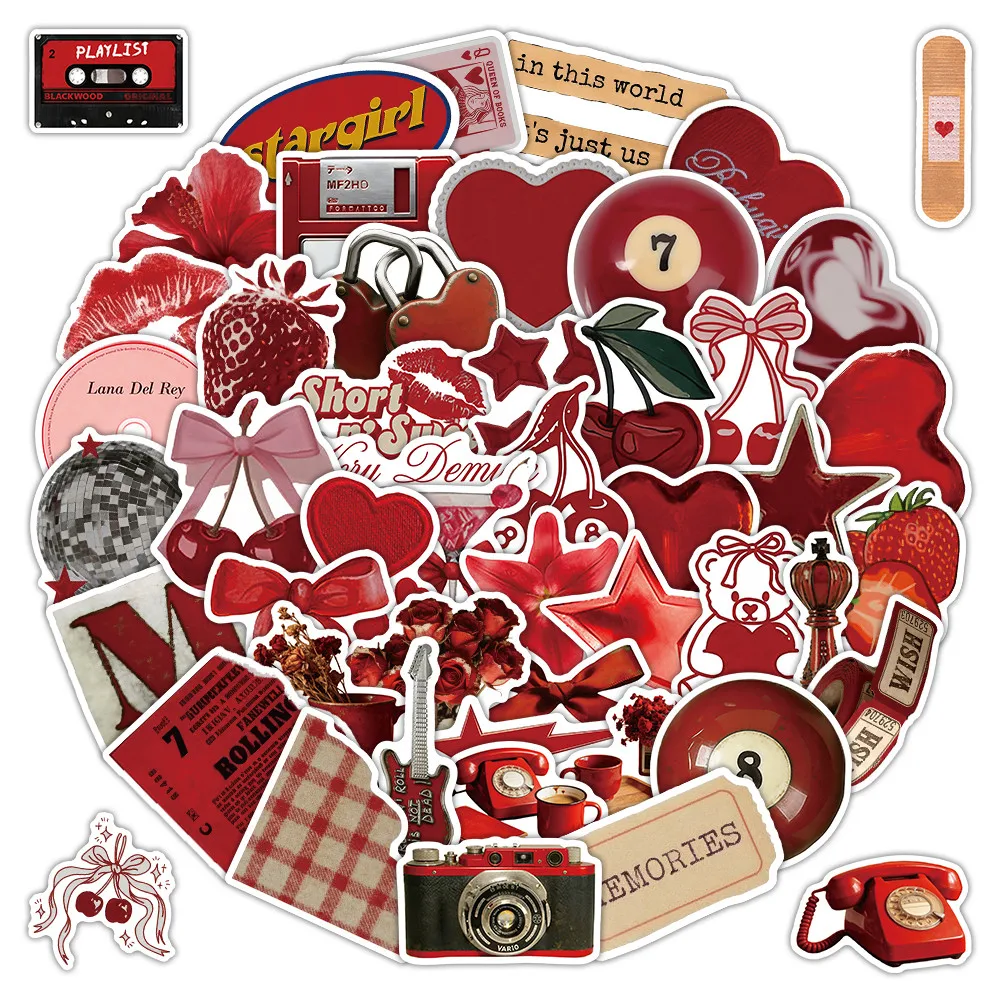 52Sheets American Vintage Red Theme Stickers Retro Aesthetic Decals for Phone Case Laptop Journal lukesen Peel Joy Sticker Store
