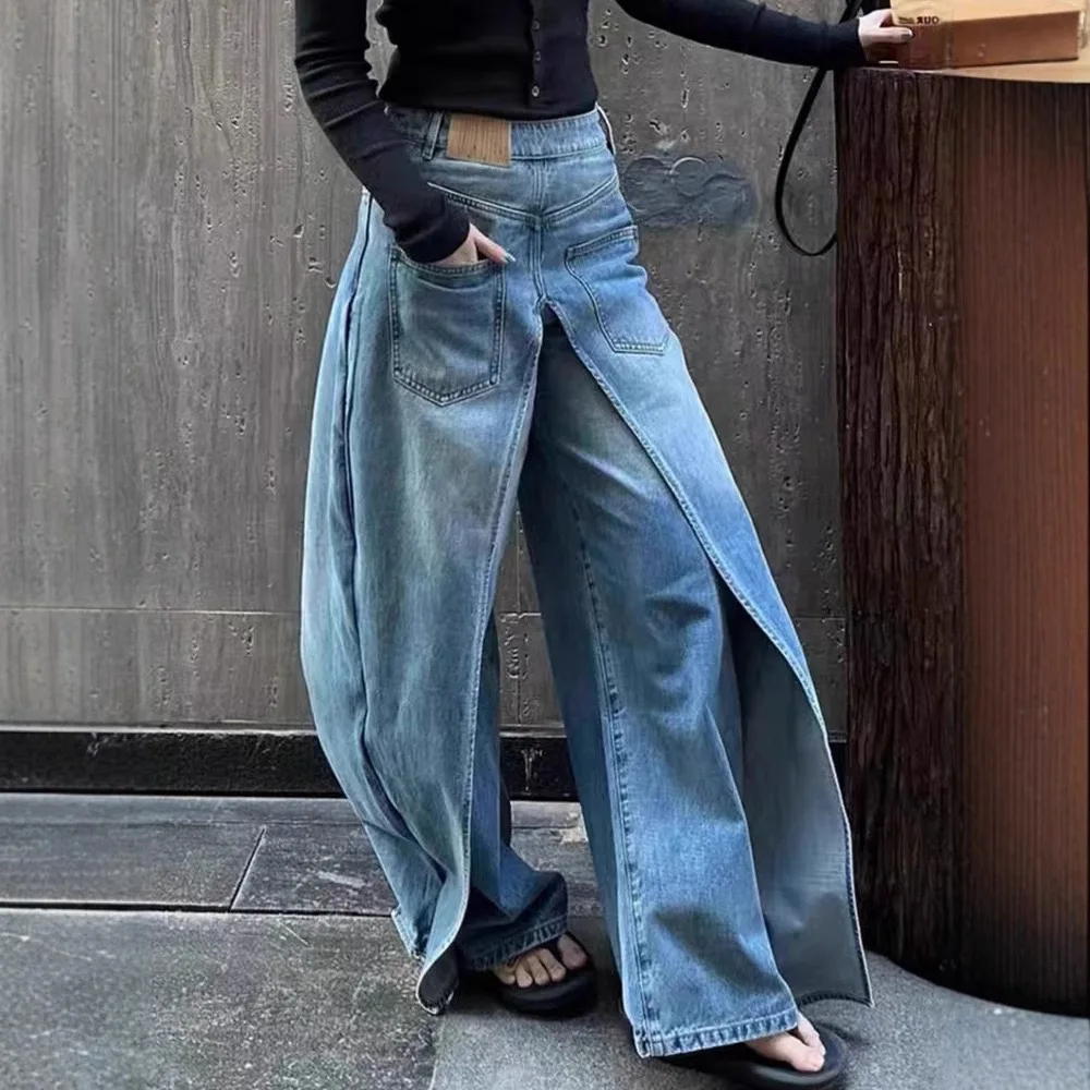 American Retro Deconstructed Denim Jeans Women's Y2K High Street Design Long Casual Wide Leg Pants Trendy Double-Sided Wear