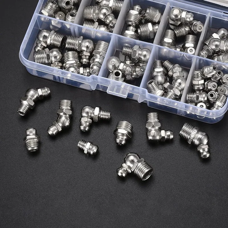 Kit de accesorios de grasa métrica, M6 de Metal M8 M10 45, surtido de grasa hidráulica de 90 grados Zerk para grasa mecánica en ángulo, 60 piezas