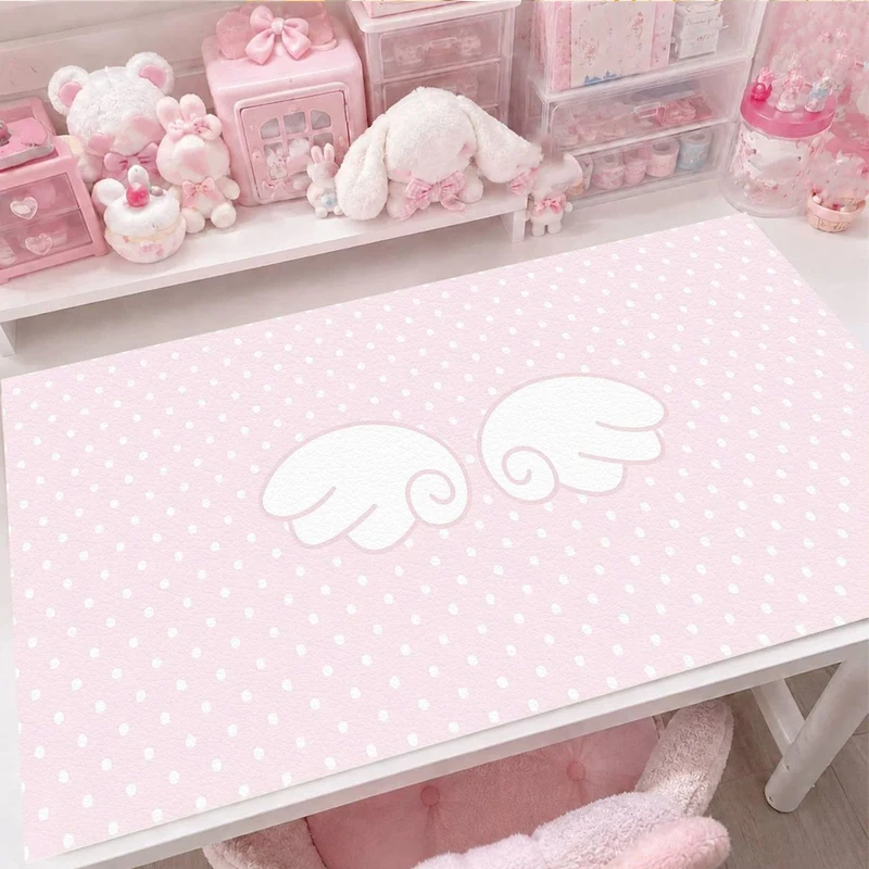 Leather PU Desk Pad Protector Girl Heart Pink Wings Polka Dots Kawaii Mouse Pad Office Desk Mat Waterproof PU Desk Blotter Pad