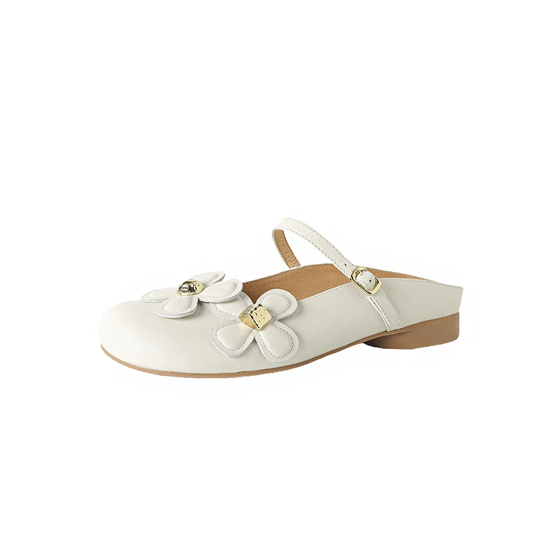 Genuine Leather Flower Flats Slippers Women's Sandals Elegant Square Toe Mules Shoes Trend Slides New Dress Mujer Sandalias