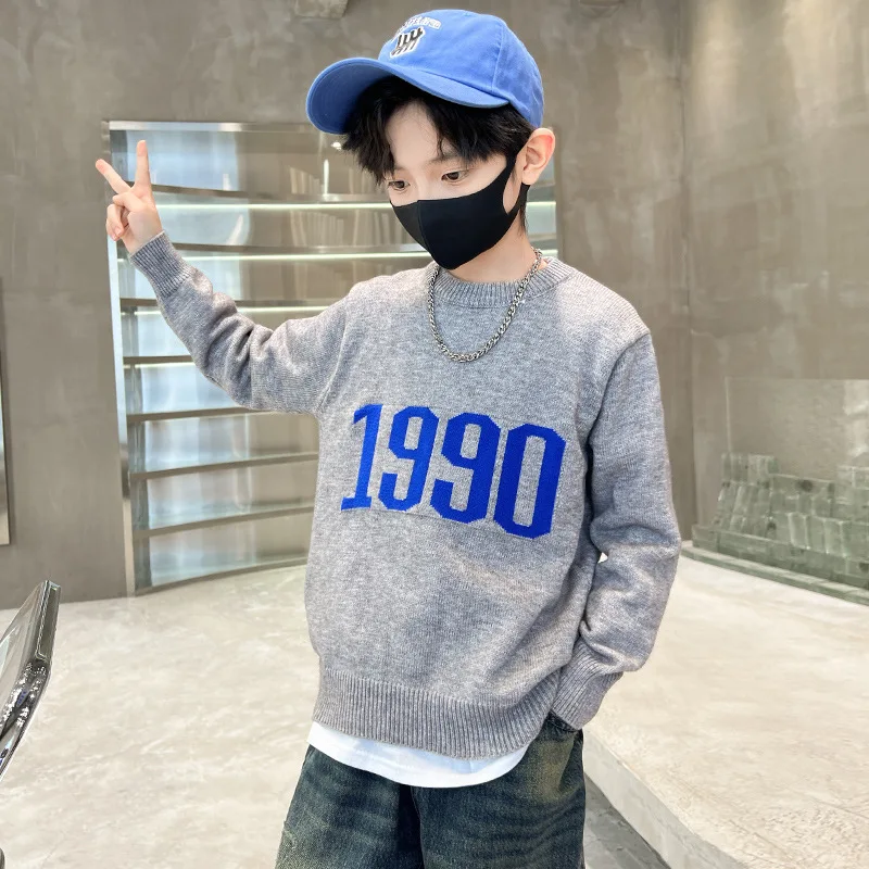 Kids Pullover Sweater New Autumn Spring Soft Tops Korean Children Grey Knitted Outerwear For Teen Boys 120-170 Wear Clothes