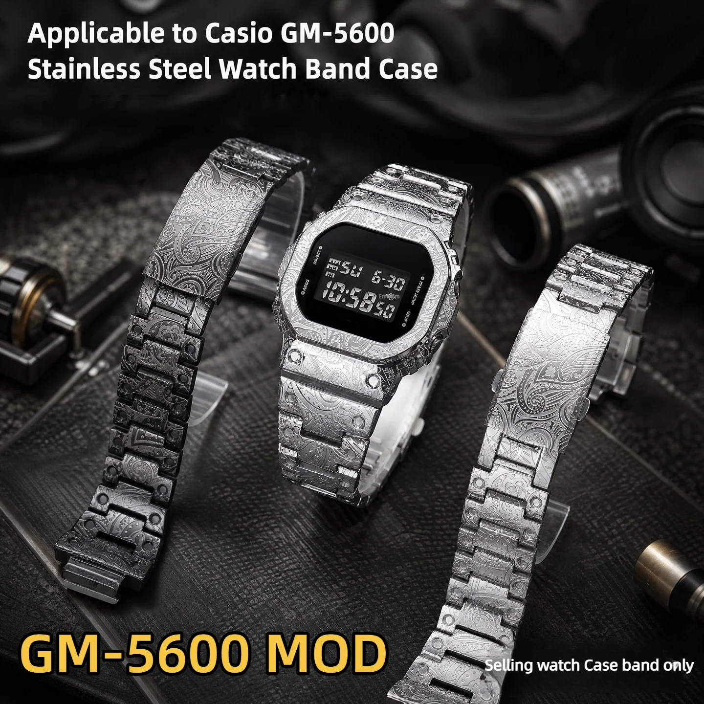 Retro Engrave metal case mod kit For Casio G-SHOCK GM-5600 GM5600 Stainless Steel bezel strap bracelet Replacement Accessories