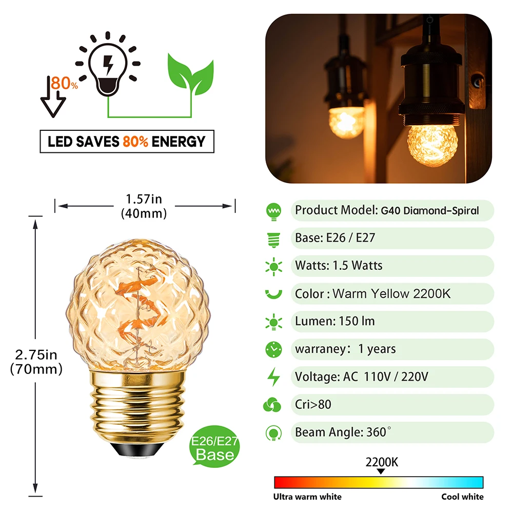 Ice Diamond G40 Mini Led Bulb E27 220V Dimmable 1.5W E26 110V 1W Amber Spiral Filament Desk Lamp Replaceable Decorative Source