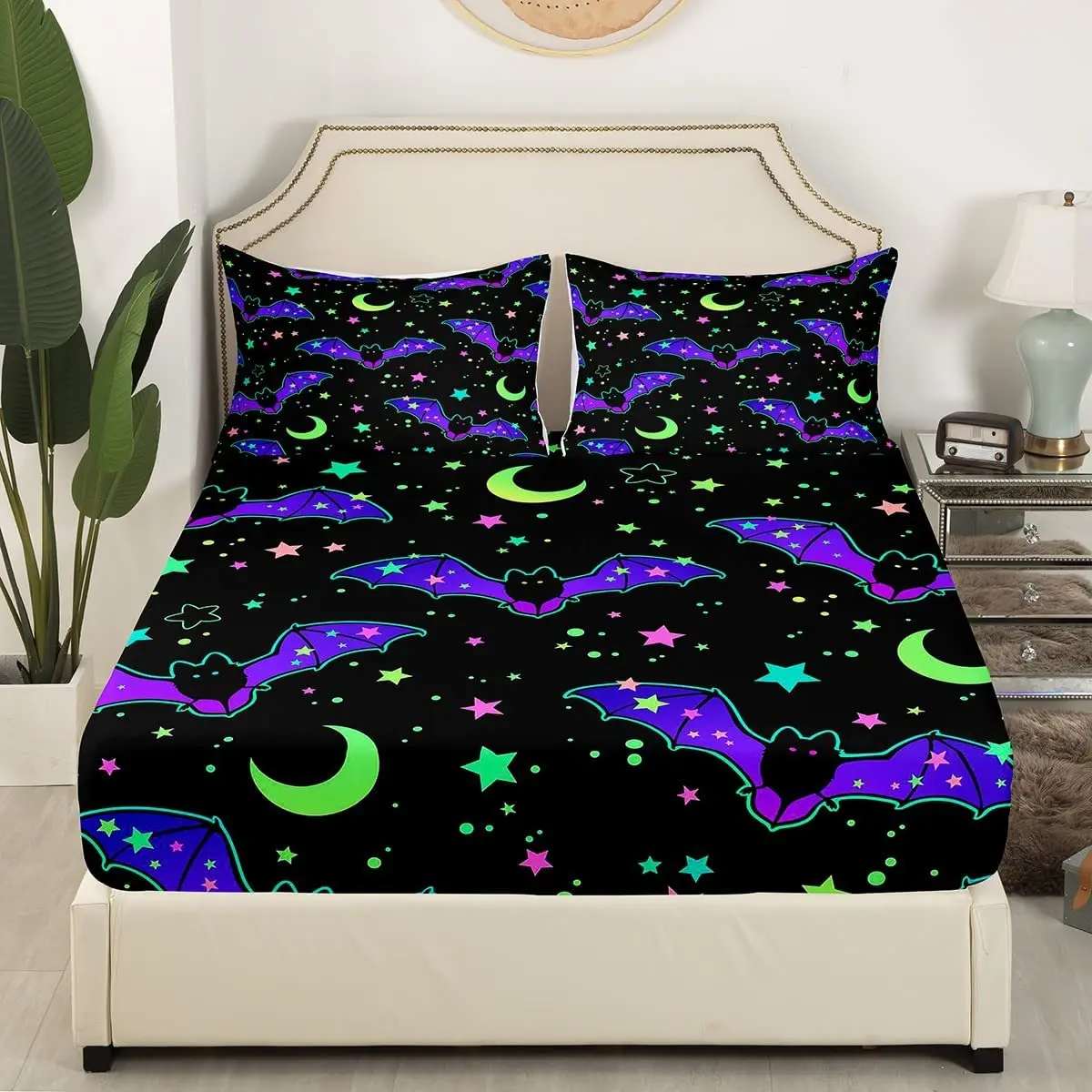 Glitter Bats Fitted Sheet Blue Purple Galaxy Sheet Set for Kids Boys Teens,Starry Dark Night Sky Moon Stars Halloween Decoration