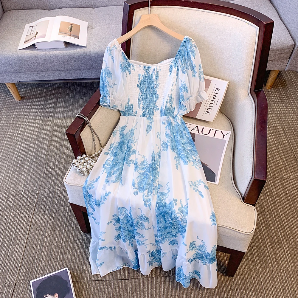 Plus-size women's summer leisure commute loose comfortable chiffon dress Chinese style printed short sleeve square collar dress