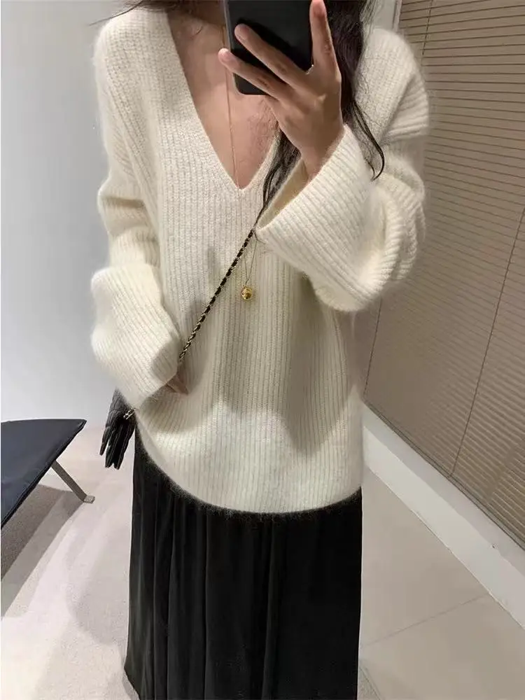 

100% Merino Wool Sweater V-Neck Pullover Large Loose Knit Sweater Autumn / Winter Soft Casual Mid-length Fashion Women Clothing
