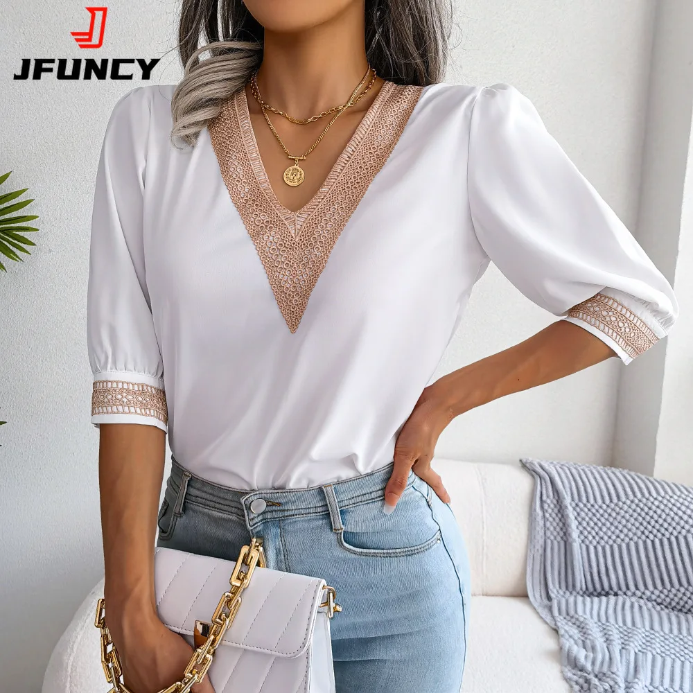 Jfuncy laço oco para fora com decote em v sólida camisa feminina meia manga blusa senhora do escritório topos 2022 casual moda feminina pulôver roupas