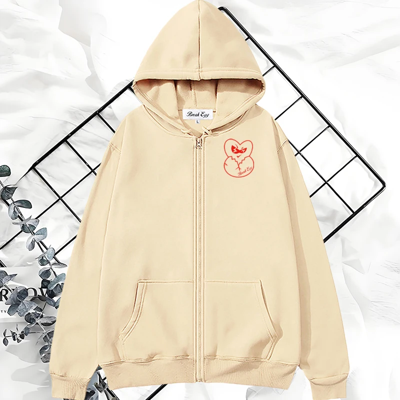 

Colored Hollow Cute Broken Egg Heart Print Women Zipper Hoodie Polyester Pocket Loose Thin Spring Autumn Sports Leisure Sweater
