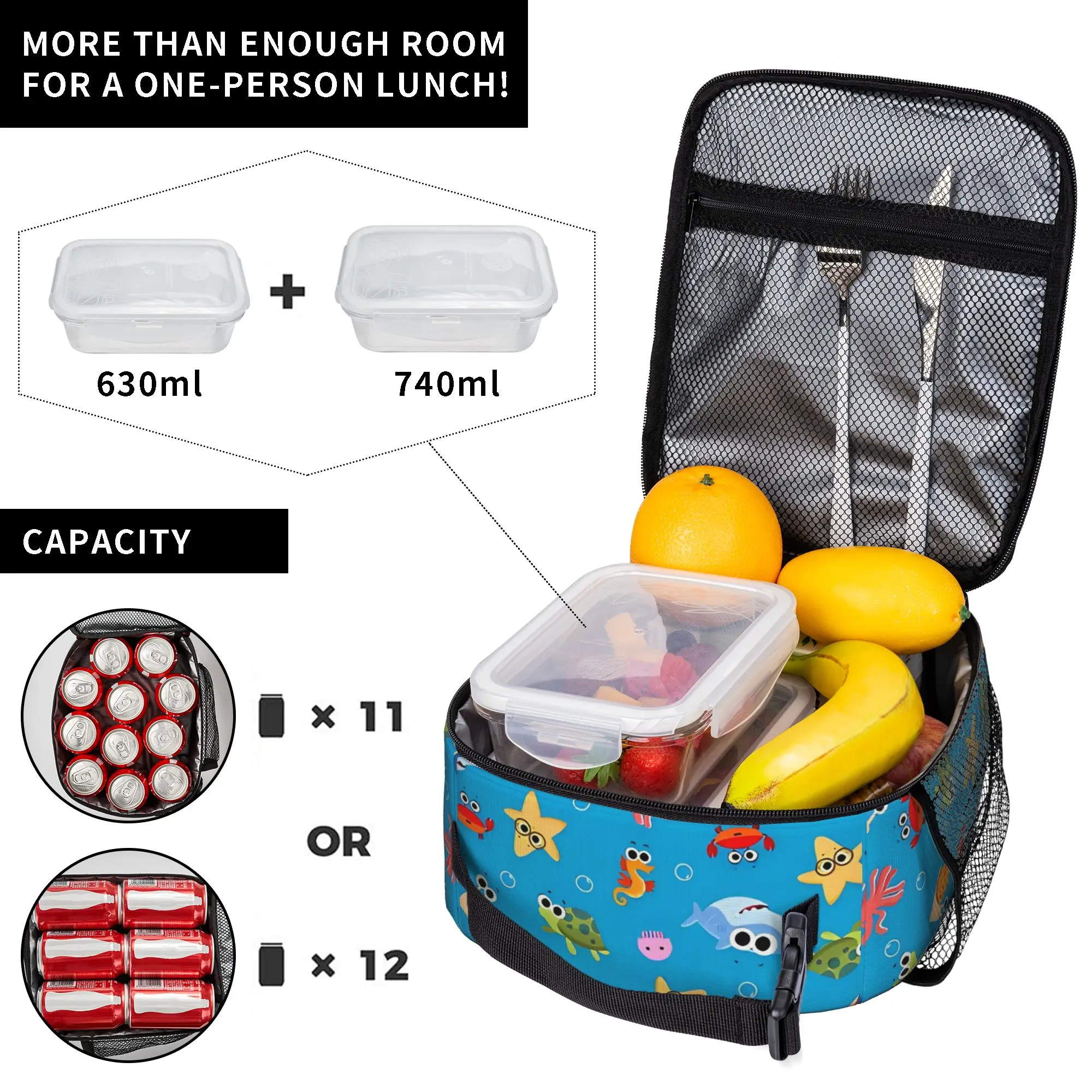 Finny Sharks Teaching ABC Insulated Lunch Tote Bag School Office English Cartoon Portable Thermal Cooler Men Women Bento Bags