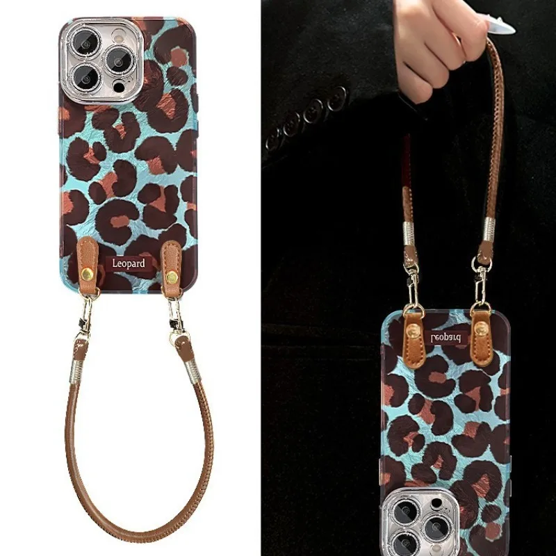 

Retro Leopard Print Suitable for iPhone 17 Lanyard Phone Case 16promax All Inclusive 15pro Anti Drop 14 13 12 Protective Cover