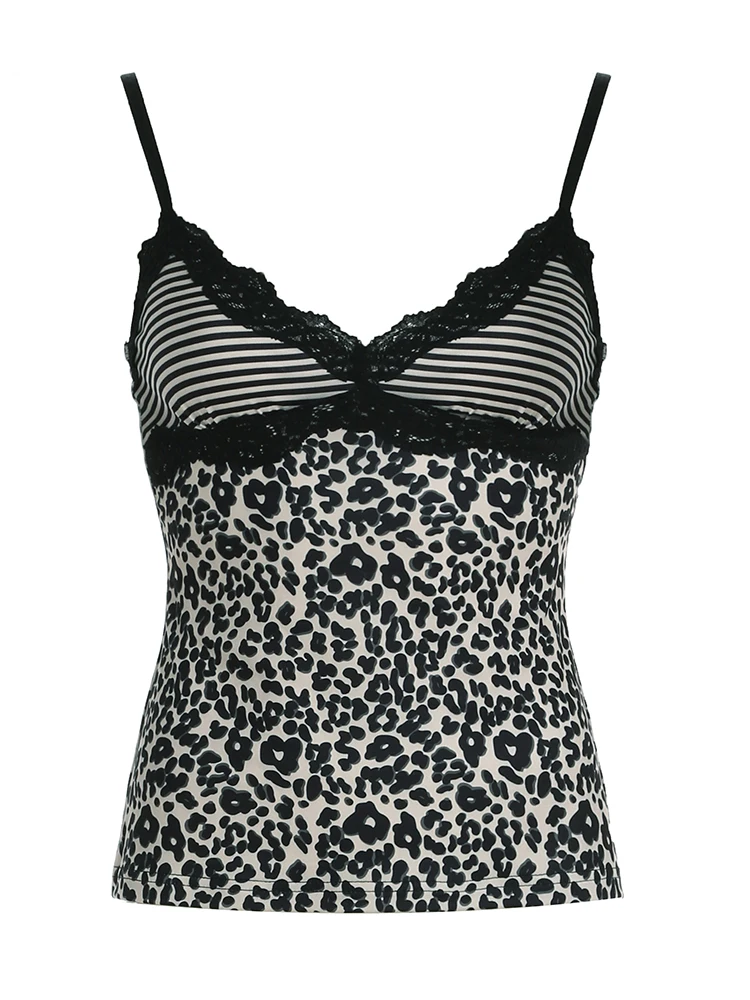 Rockmore Leopard Print Camisole Coquette Lace Frill V-neck Crop Top for Women Sexy Backless Y2K Vintage Stripe Patchwork Vest image 5