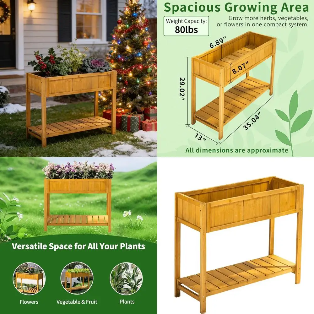 

Приподнятая садовая кровать из елового дерева с ножками, идеально подходит для улицы и помещения, стеллаж для хранения в комплекте, 35,04x13x29,92 дюйма