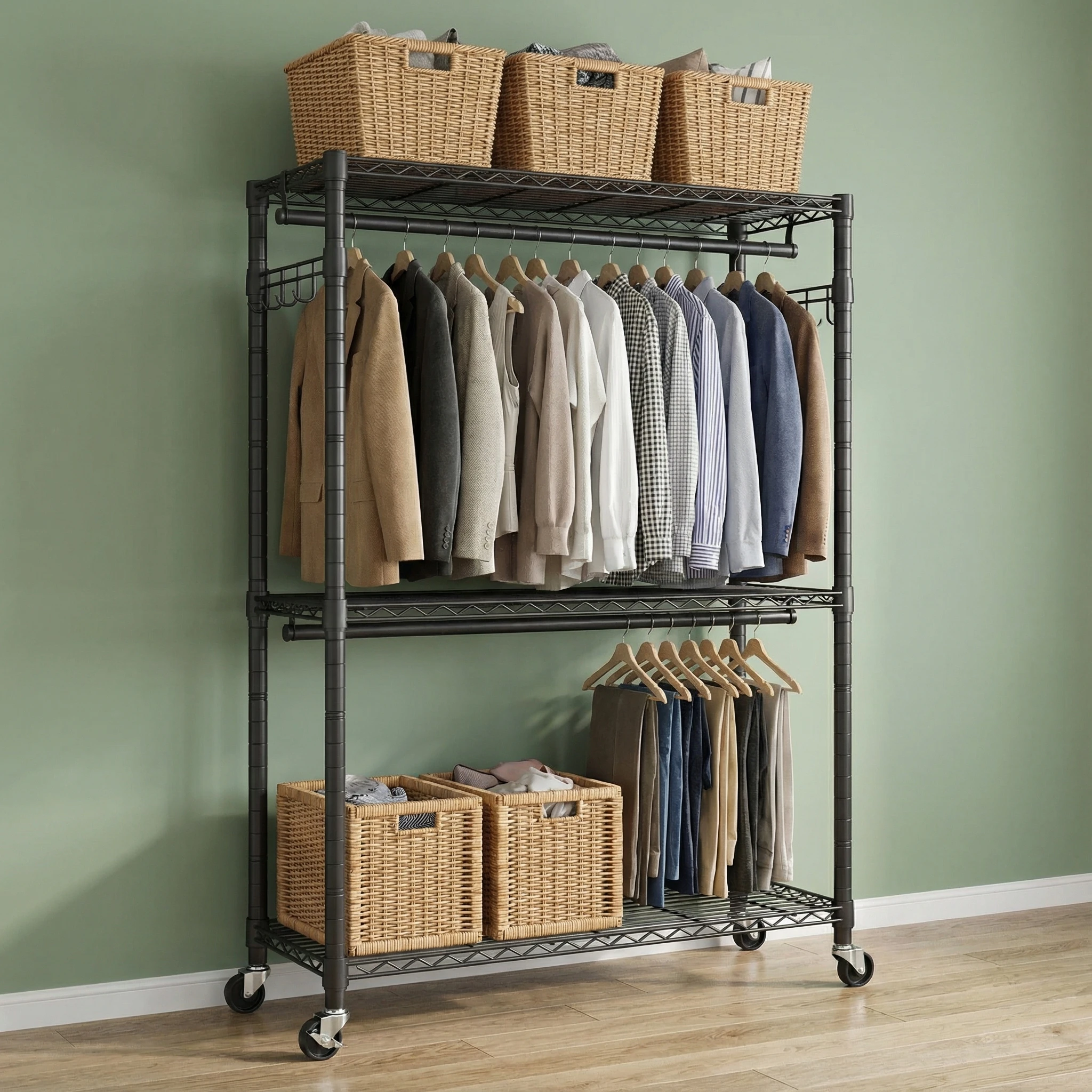 Heavy Duty Industrial Rolling Garment Rack with Hooks