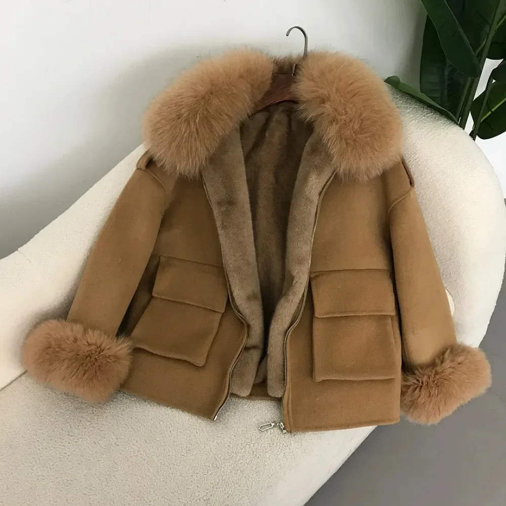 2024 abnehmbare Innenfutter Fuchs Pelz kragen Jacke Herbst Winter plus Fleece kurze Pelz jacke doppelseitiger Woll mantel Echtpelzmantel