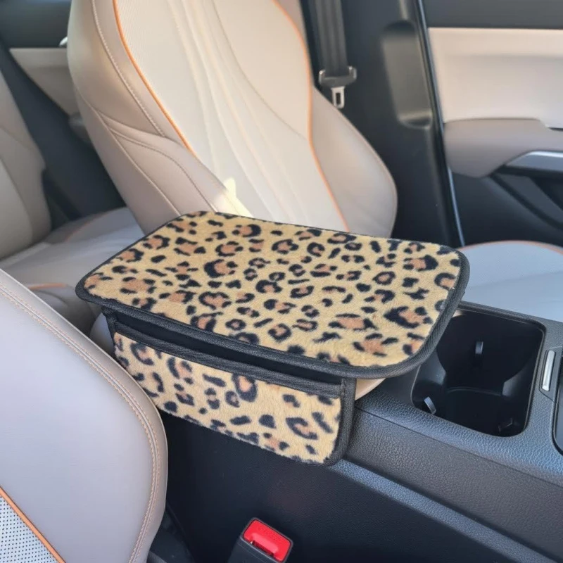 Plush Leopard Pattern Car Center Armrest Cushion Thick Non Slip Elbow Pad for Driver Seat Comfort Support