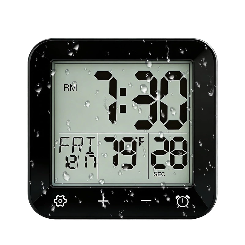 Digital Waterproof Shower Clock, Bathroom Kitchen Clock with Countdown Timer, Wall Clock with Large LCD Display, Temperature