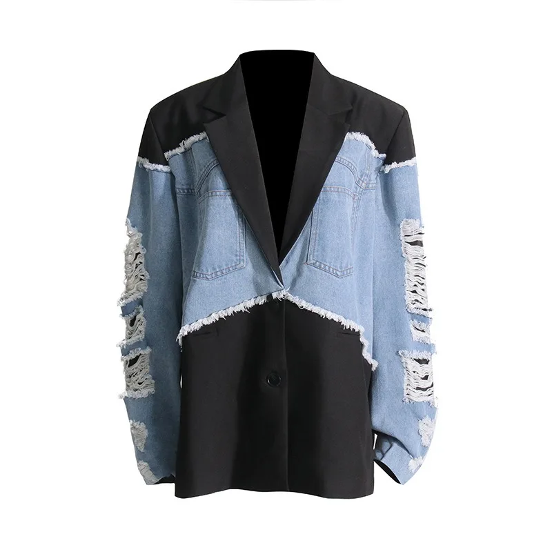 Women Loose Denim Jacket Summer New Fashion Color Splicing Premium Hole Suit Top Loose Comfortable Denim Jacket Women Jackets