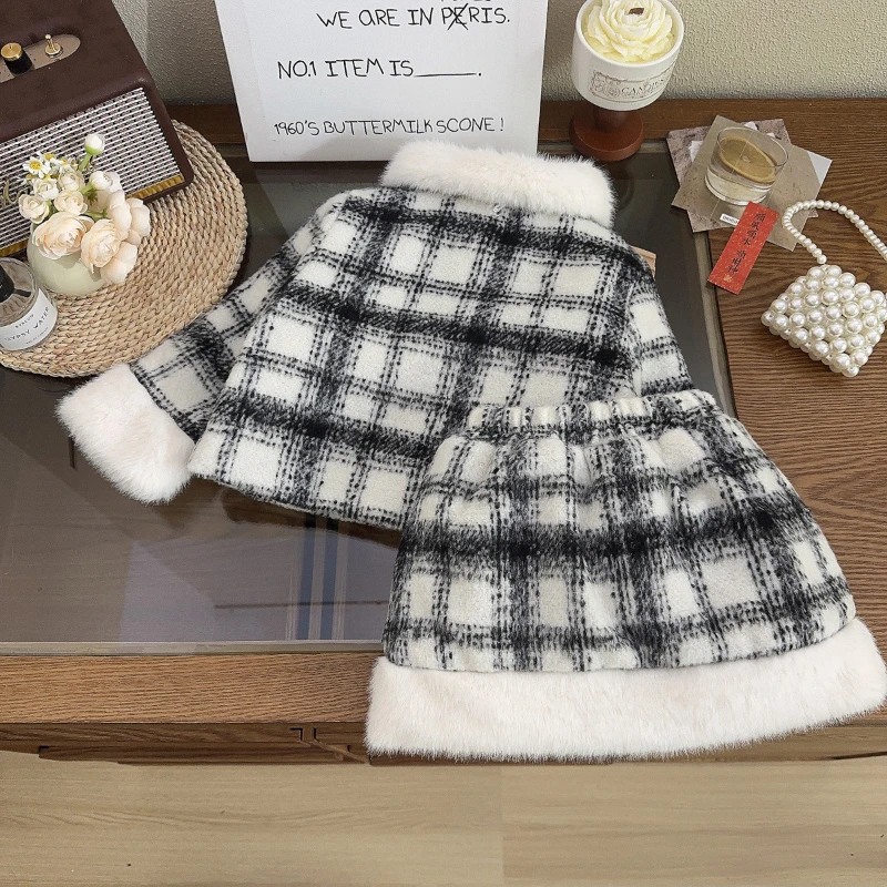 Girl's Small Fragrance Suit Winter New Furry Plaid Coat with Detachable Collar + Skirt Suit  Girl Clothes 2-7yrs