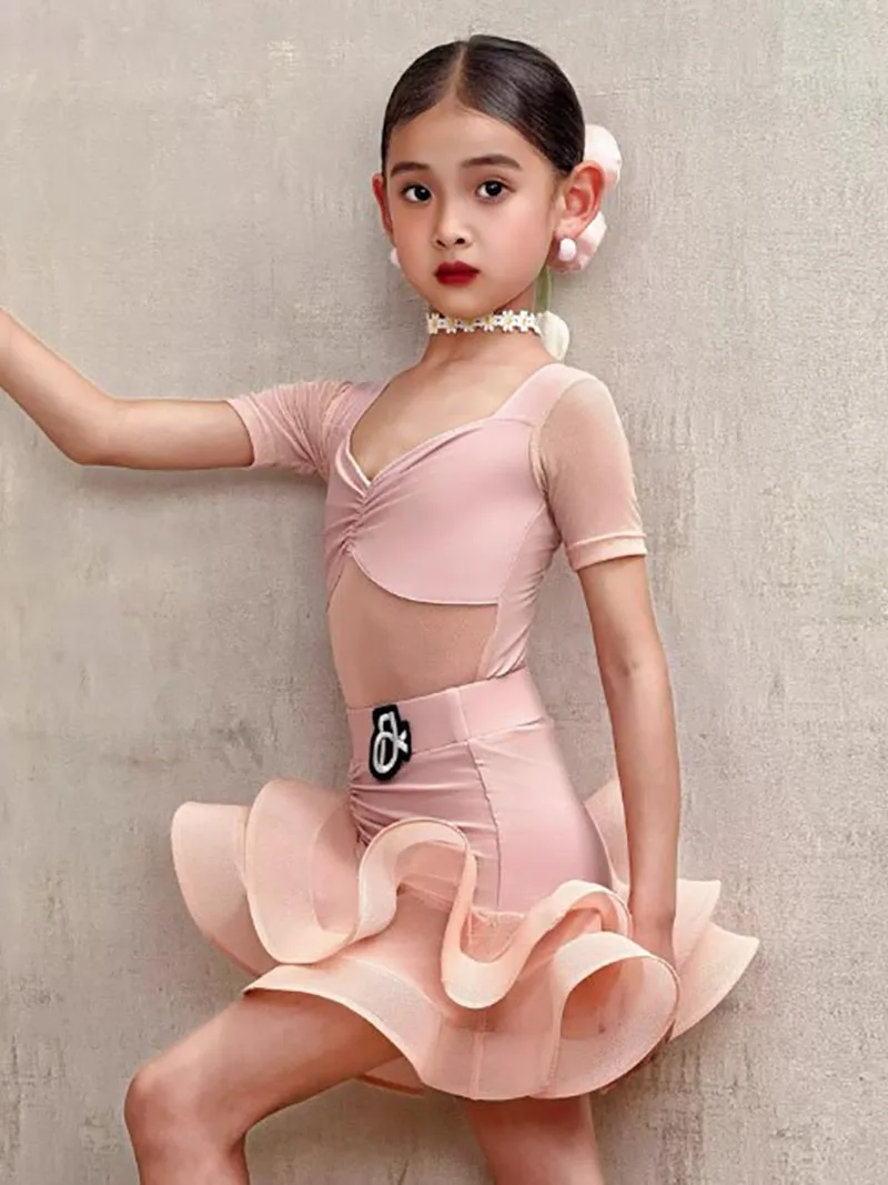 Kinderen Latin Dance Training Jurk Kinderen Meisjes Plooien Body en Dubbellaags Mesh Rok Samba Ballroom Competitie Danskleding
