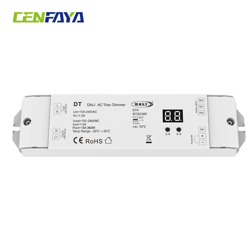 

CENFAYA AC Triac DALI Dimmer DT4 With Push Swich Dimming Digital Display Function DALI2 For AC 110V 220V 230V Dimmable LED Lamps