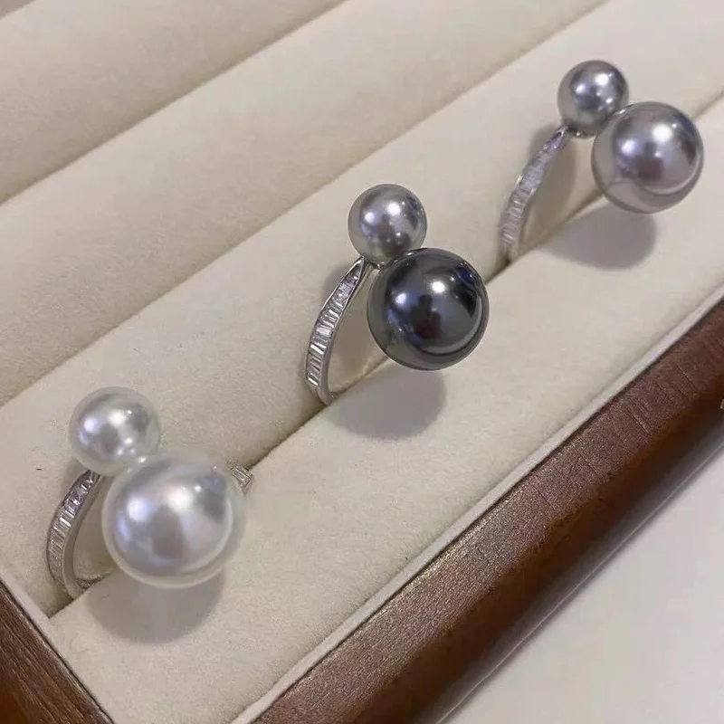 925 Sterling Silver Fashionable And Simple Full Diamond Opening Women'S Ring With High-End Temperament And Double Pearl Jewelry