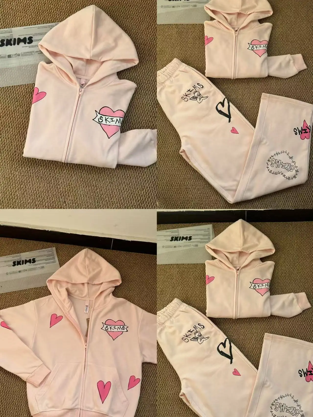 

Vntine's Day Limited Pink Heart fiti Zipper Hoodie Sweatirt Straight Leg Pants Set Women's Casual Sportswear