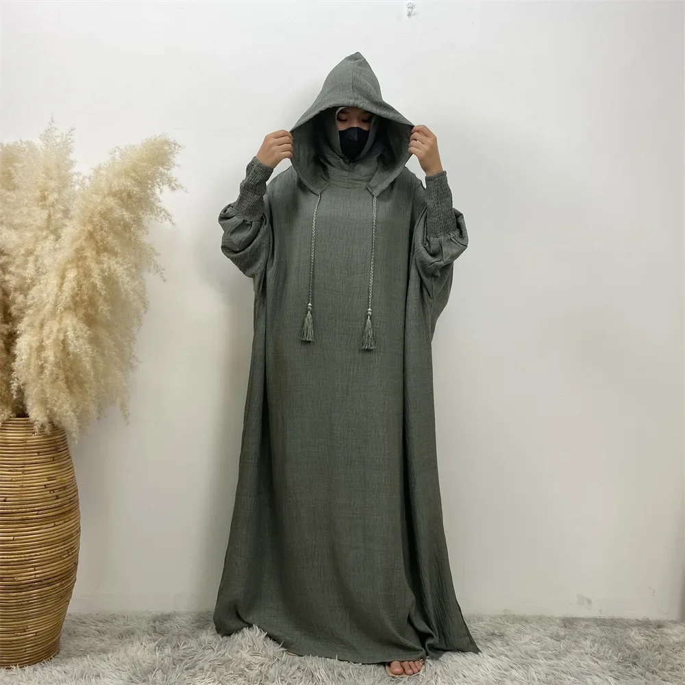 UNI Ramadan Islamische Kleidung Gebet Kebaya Weiches Leinen Hoodie Abaya Kleid mit Unterkappe Muslimische Frauen Abaya Hoodie Lässige Kleider