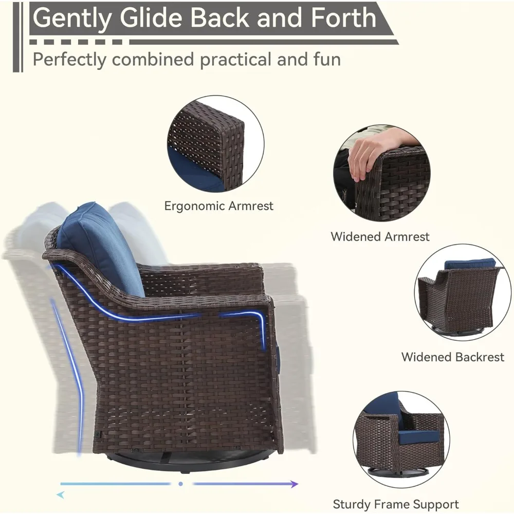 Cadeiras de balanço giratórias de 3 peças ao ar livre com mesa lateral combinando, conjunto de móveis de pátio com almofadas de assento premium de 4" para jardim