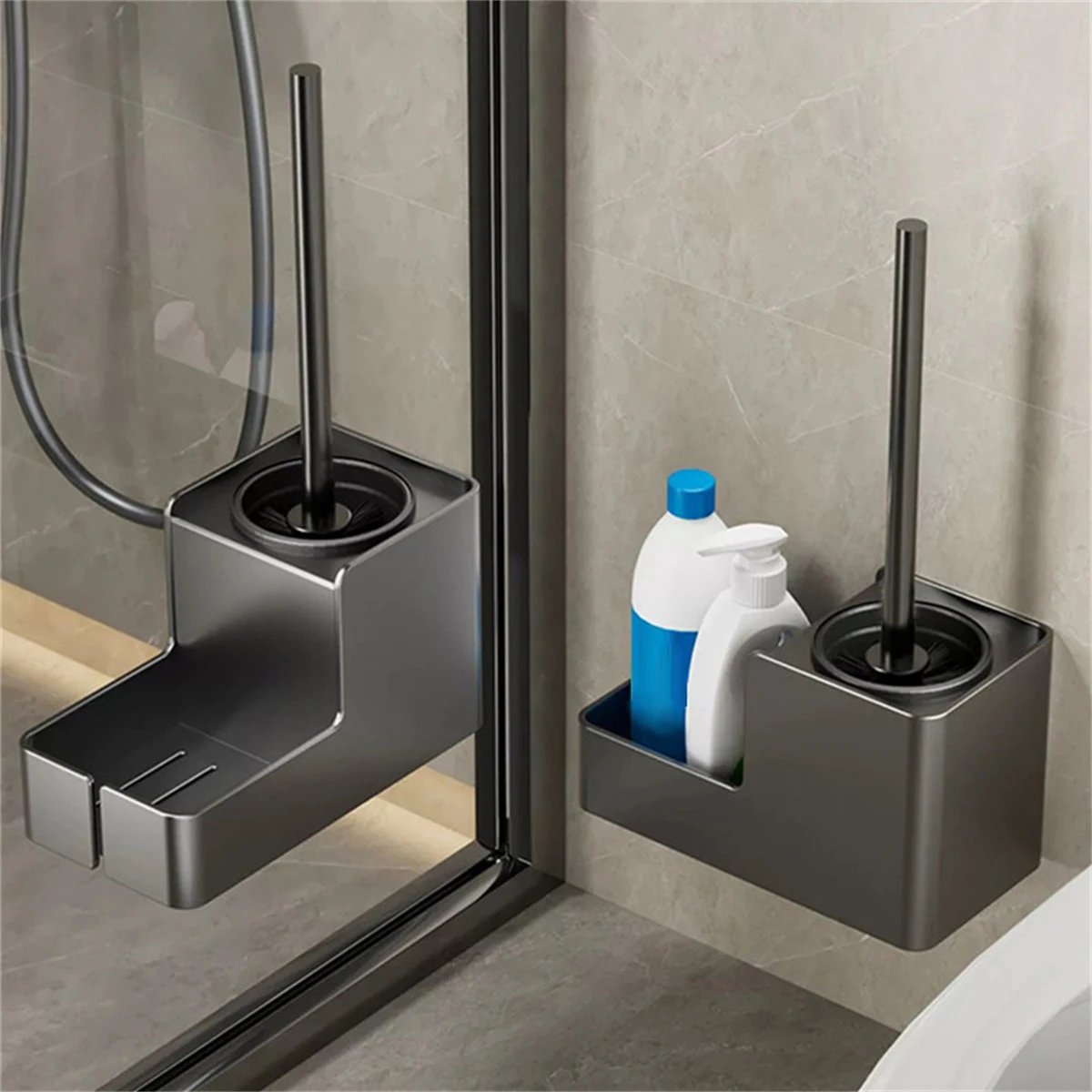 Compact Toilet Brush & Holder Aluminum Handle Space Saving for Storage Deep Cleaning Drip-Proof Easy to Assemble NO Drilling