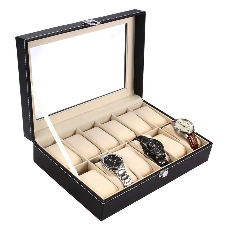 DELESYS Large-Capacity Classic Style Eco-Friendly Black PU Leather Watch Display Case With 12 Position Storage Compartment