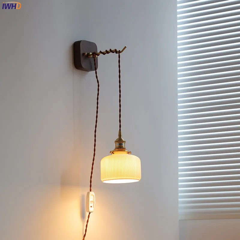 IWHD Japan Style Modern LED Wall Lamp Sconce EU US Plug In Ceramic Lampshade Wooden Base Bedroom Living Room Light Wandlamp