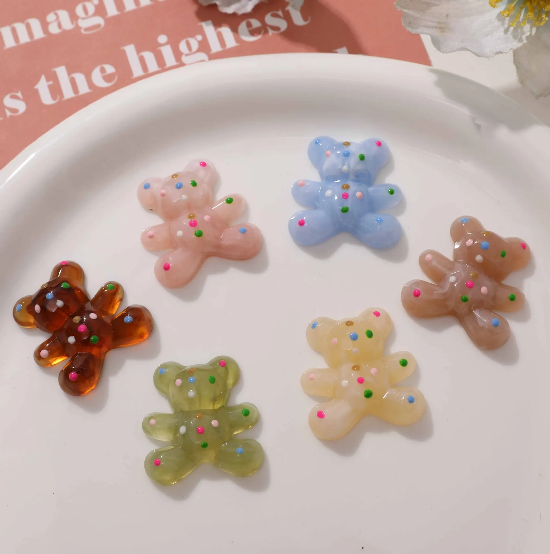 2pcs Cute Cartoon Colorful Polka Dot Bear Resin Flatback for Jewelry Making DIY Crafts Charms Jelly Scrapbooking Embellishments