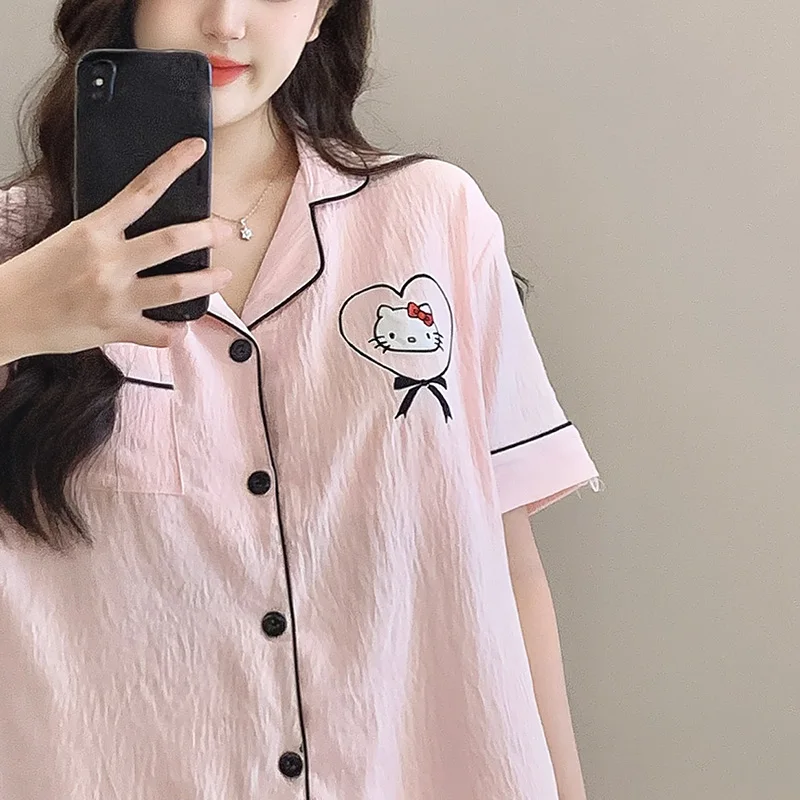Pyjama d'été à manches courtes, short, Hello Kitty, décontracté, avec coussinet de poitrine, ensemble deux pièces de dessin animé mignon