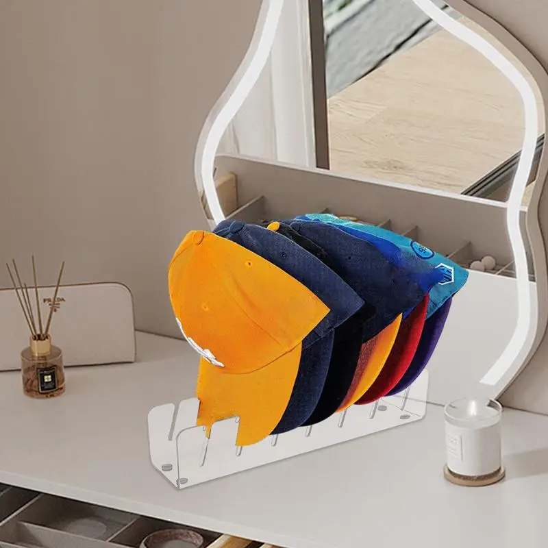 Hat Display Rack Acrylic Baseball Hat Display 7 Slots Space-Saving Desktop For Caps Clothing Storage Shelf Living Room Bedroom