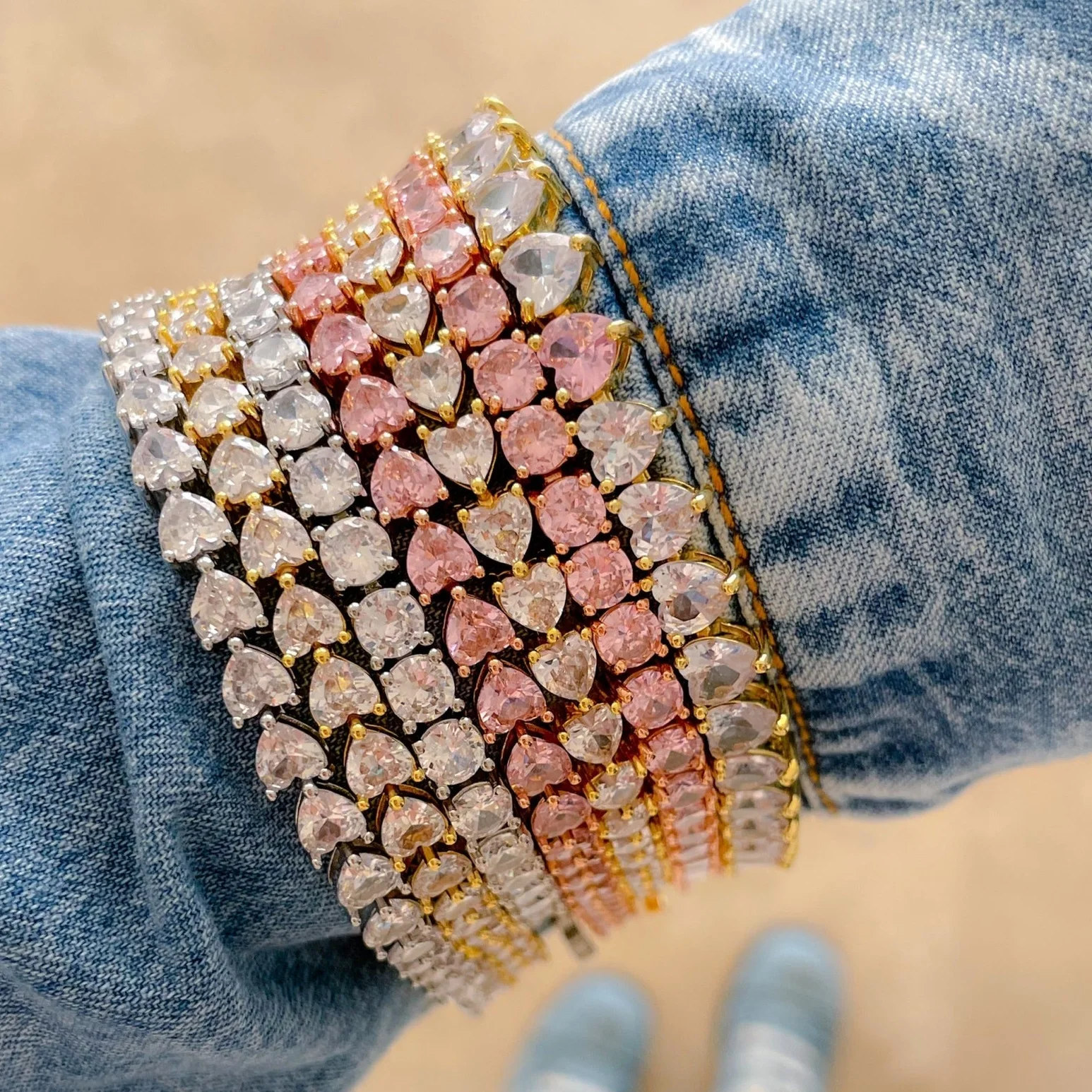 Iced Out Bling White Pink Rainbow CZ Tennis Chain Bracelet For Women High Quality Iced Out Bling Jewelry Collection