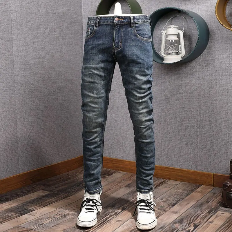 

Newly Designer Fashion Men Jeans Retro Blue Stretch Elastic Slim Fit Ripped Jeans Men Vintage Casual Denim Pencil Pants Hombre